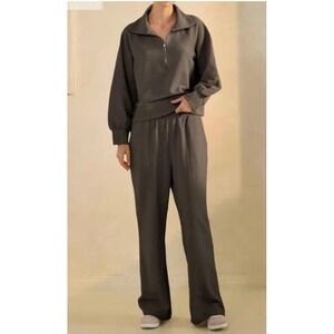 Oddi Women's Dark Gray Ribbed Quarter Zip Pullover Top & Wide Leg Pants Set 1X